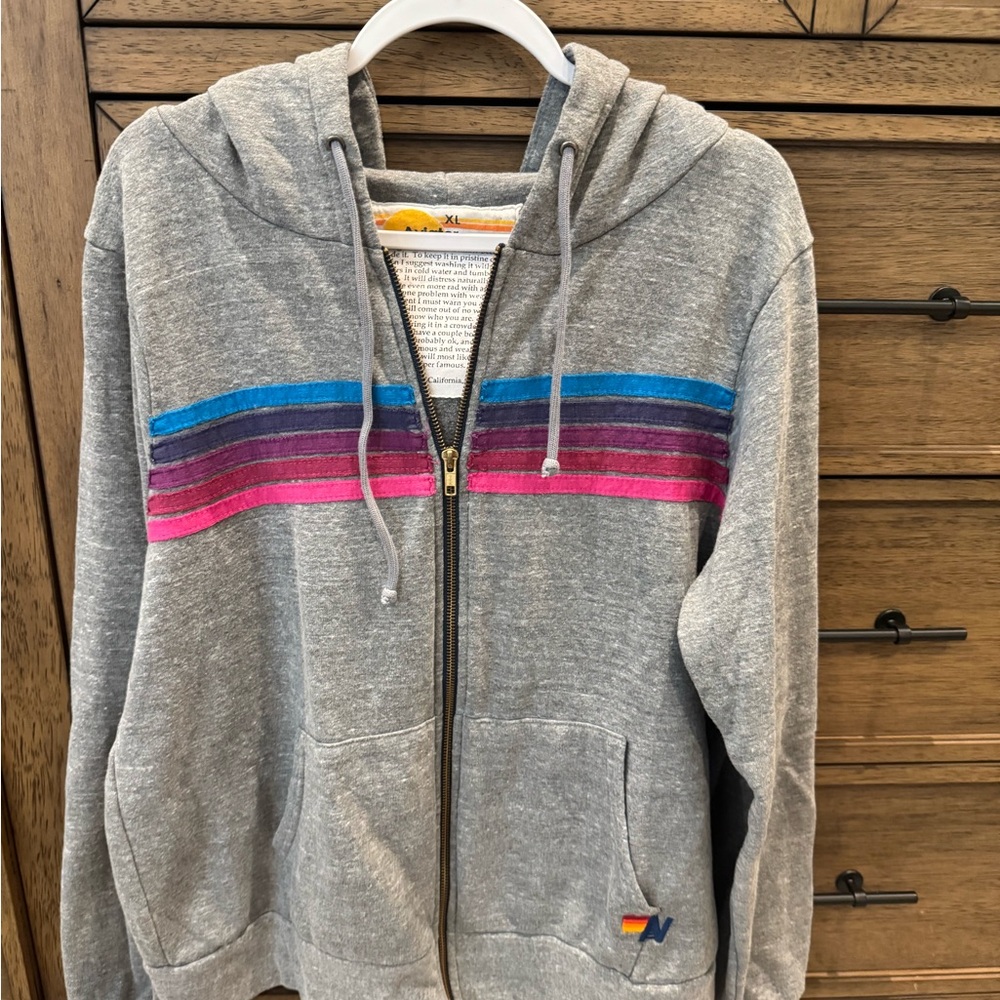 Aviator Nation Hoodie Gray Pink and Blue Stripes